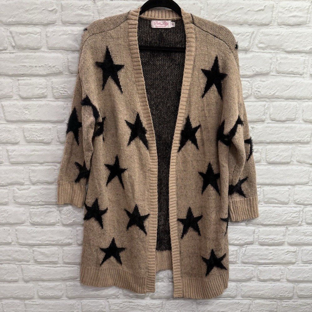 Oversized Woman's Fuzzy Cardigan  Beige All Over‎ Star Print Sz Small Pink Lilly